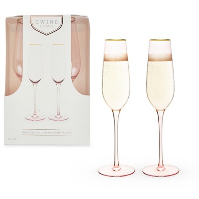 Twine Rose Champagne Flutes, Gold Rimmed Pink Tinted Crystal Wine Glass Set, Stemmed Sparkling Wine Glasses, Set of 2, 8 Ounces