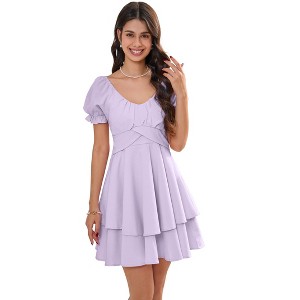 Clearlove Women's Mini Dress Layer Ruffle Hem Short Lantern Sleeve V Neck Dress A Line Casual Flowy Dress - 1 of 4