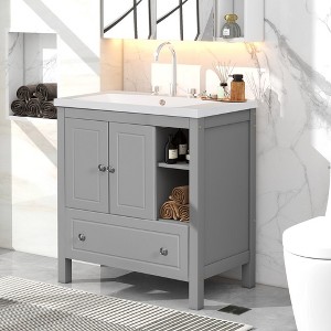LOVMOR Bathroom Vanity with Ceramic Sink, Doors & Drawers, Modern Bathroom-Storage Cabinet, Solid Wood Frame Set - 1 of 4