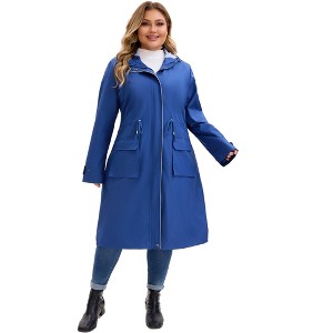 Women's Plus Size Waterproof Drawstring Waist Hooded Zipper Outdoor Long Trench Coats with Pockets - Agnes Orinda - 1 of 4
