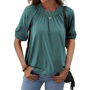 Imily Bela Women's Cotton Solid Crew Neck Half Sleeve Loose Pleated Casual Basic Blouse - 1 of 4