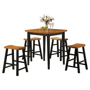 5pc Gaucho Counter Height Dining Set Oak/Black - Acme Furniture: Solid Wood, Square Leg, Saddle Stools - 1 of 4