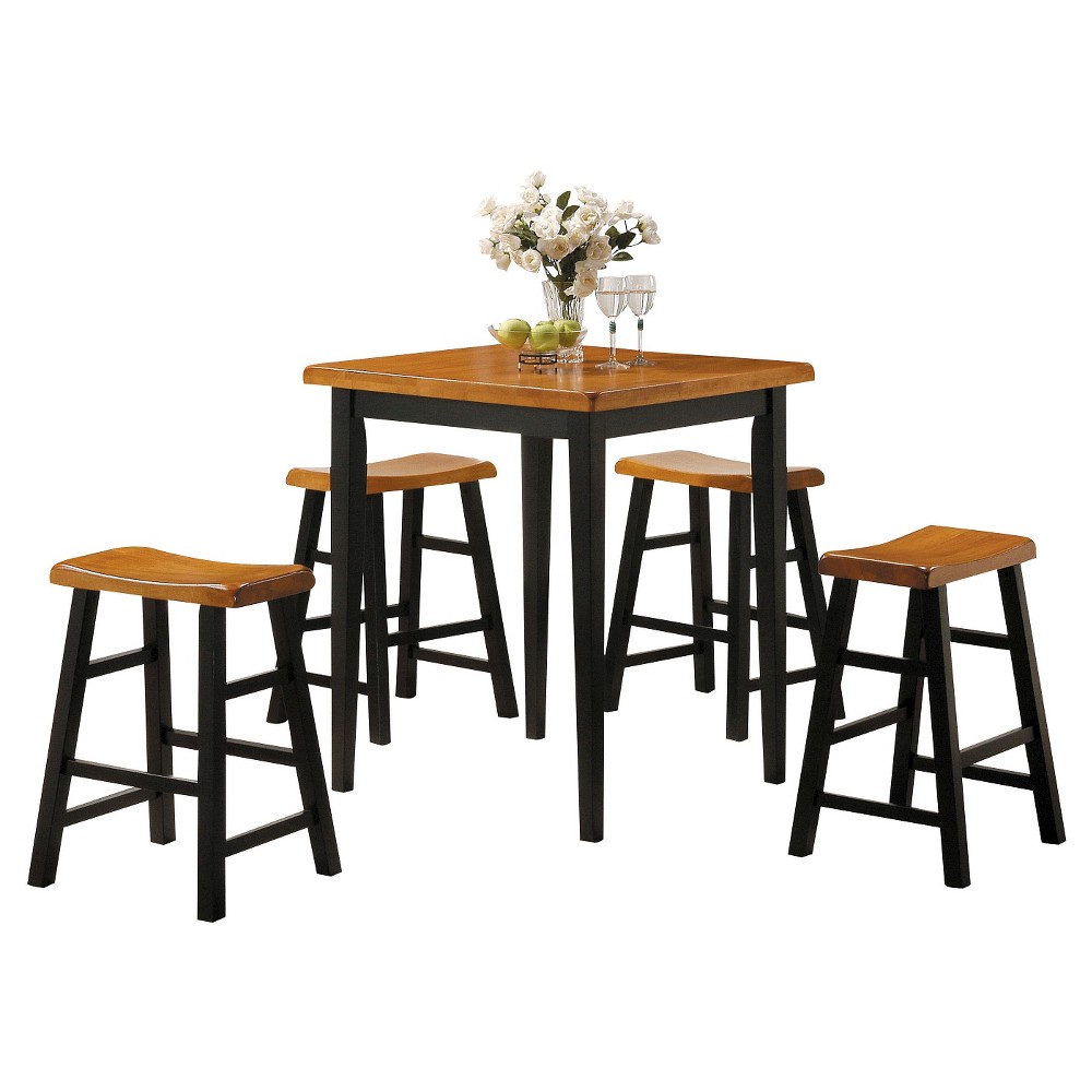 5pc Gaucho Counter Height Dining Set Oak/Black - Acme Furniture: Solid Wood, Square Leg, Saddle Stools -  51886274