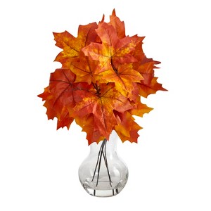 Nearly Natural 18-in Autumn Maple Leaf Artificial Plant in Glass Planter, Orange - 1 of 3