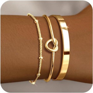 5 Piece Gold Bracelet Stack Set for Women with Bangle Cuff Paperclip and Chain Bracelets, Non Tarnish - 1 of 4