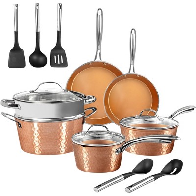 Gotham Steel Nonstick Pots and Pans 15 Piece Set Ceramic Cookware Kitchen Set Hammered With Frying Skillet Saucepan