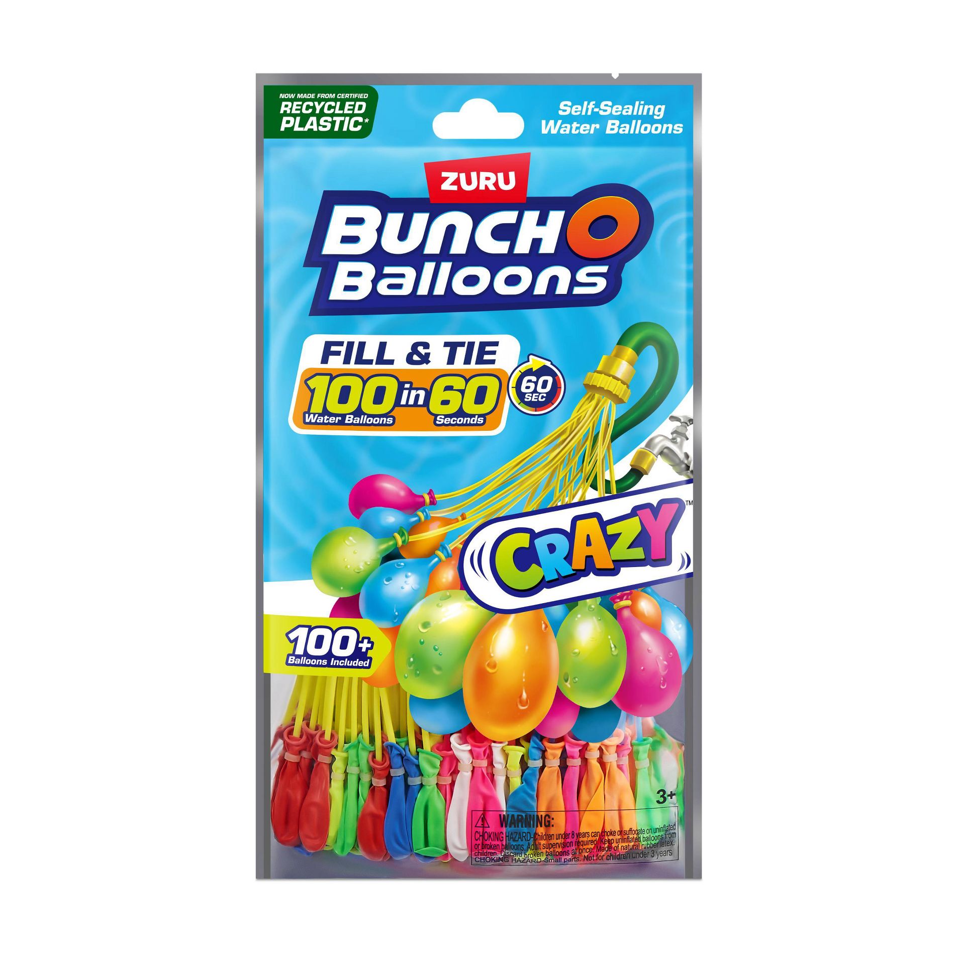 Bunch O Balloons 3pk Rapid-Filling Self-Sealing Pool Water Balloons by ZURU - Crazy Colors: 100 Pieces, Latex Material, Ages 3+