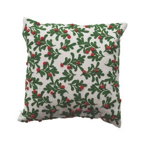 Storied Home Square Cotton and Linen Pillow with Embroidered Mistletoe Pattern and Pom Poms, Natural, Green, and Red - 1 of 2