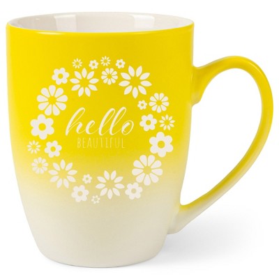 Elanze Designs Flower Wreath Hello Beautiful 12 Ounce Ceramic Laser-Etched Engraved Drinkware Mug, Yellow and White Ombre
