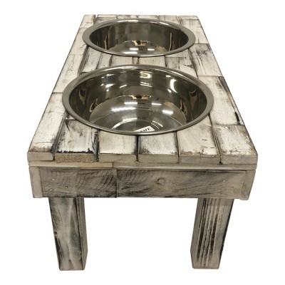 Large White Wash Reclaimed Wood Elevated Double Bowl Feeder