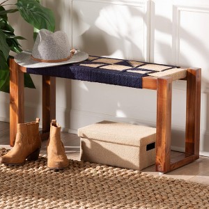bali & pari Jerilyn Two Tone Seagrass and Acacia Wood Accent Bench Navy Blue/Brown/Natural Brown: Bohemian Style, No Assembly Required - 1 of 4