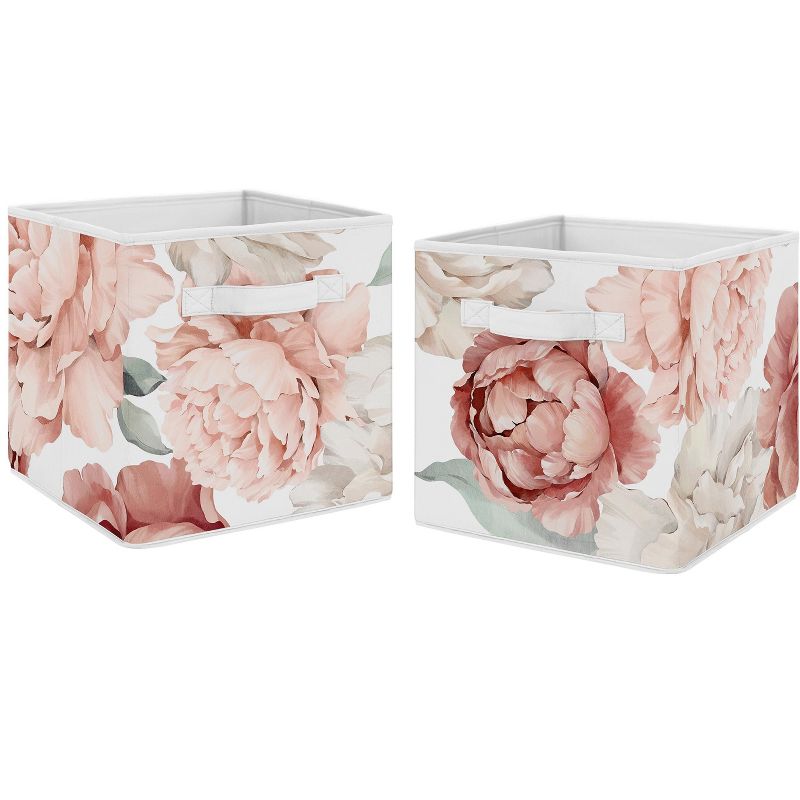 Sweet Jojo Designs Girl Set of 2 Kids' Decorative Fabric Storage Bins Peony Floral Garden Pink and Ivory, 1 of 6