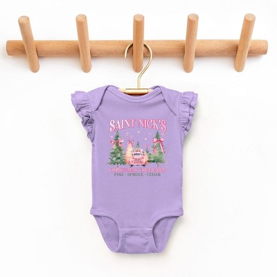 The Juniper Shop Coquette St. Nick's Tree Farm Baby Flutter Sleeve Bodysuit - 18 Month - Lavender