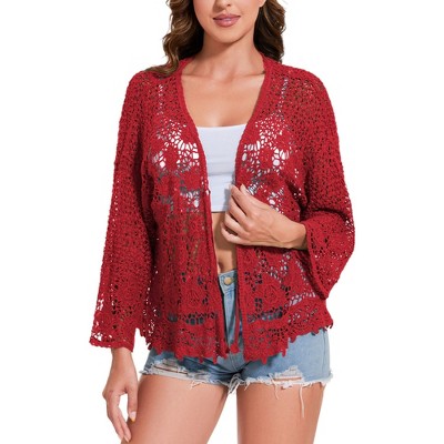 Anna-Kaci Women's Short Embroidered Lace Duster Crop Cardigan with Half Sleeves