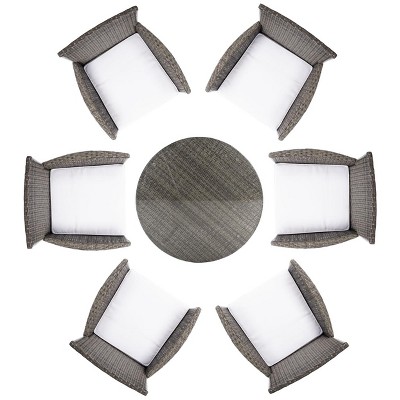 Challe 47" Round Grey Brown Wicker Outdoor Dining Set with White Cushions