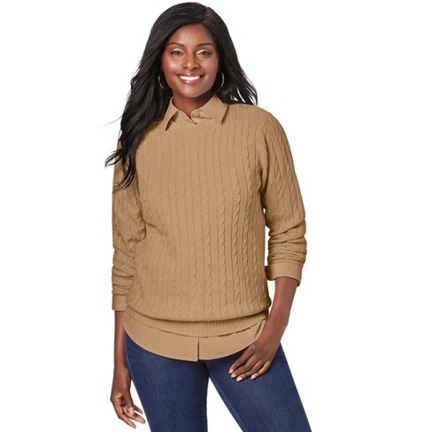 Jessica London Women s Plus Size Cable Crewneck Sweater 1x Soft Camel Target