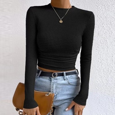 Womens Tops Long Sleeve Waffle Knit Crew Neck Side Ruched Pullover Top