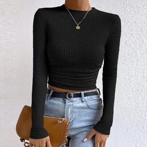 Womens Tops Long Sleeve Waffle Knit Crew Neck Side Ruched Pullover Top - 1 of 3