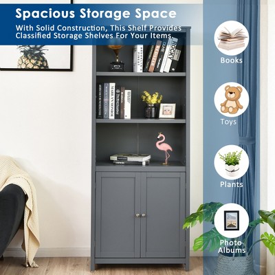 Gray Adjustable MDF Bookcase with Doors and Shelves