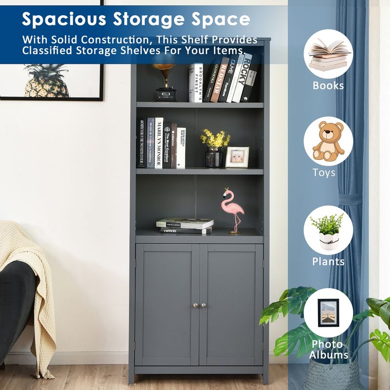 Costway Bookcase Shelving Storage Wooden Cabinet Unit Standing Bookcase W/Doors Gray, 4 of 14