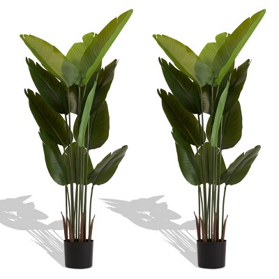 Syemin Artificial Plants 2pcs Artificial Bird Paradise Plant, Lifelike Artificial Trees 5.2ft Tropical Palm Tree in Pot Decor, Green, 29.5"*29.5"*63"