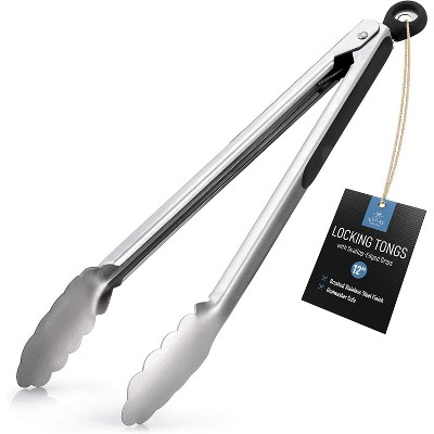 Zulay Kitchen Stainless Steel Tongs - Scallop Head Edge Heavy Duty Metal BBQ Kitchen Tongs With Lock Mechanism (12 inch)