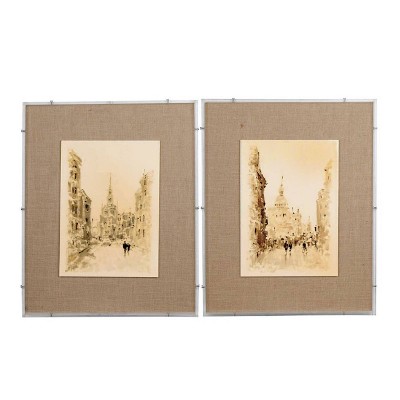24"x30" Set of 2 European Cities Watercolor Framed Prints Brown - A&B Home: Transitional Style, MDF & Acrylic, Vertical Wall Art Set