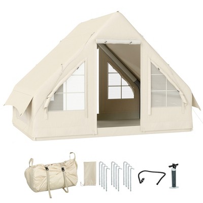 Outsunny Inflatable Camping Tent with Hand Pump, Easy Setup, 4 Season Blow Up Tent, with Mesh Windows and Doors