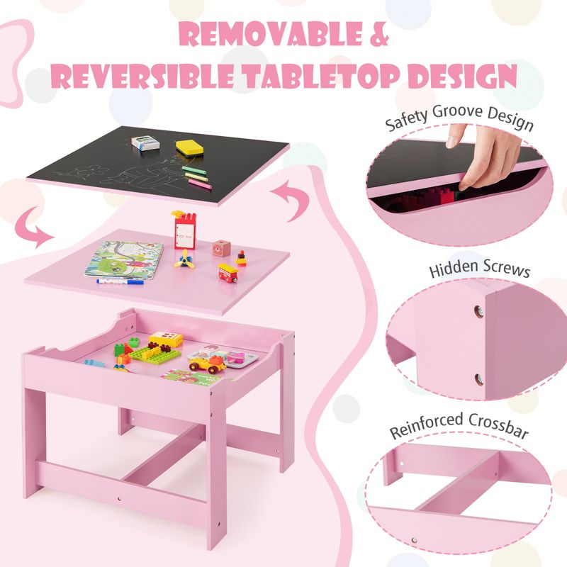 Tangkula Kids Table and Chair Set - 3 in 1 Activity Table w/Reversible Tabletop & Storage Drawers for Drawing Reading Pink, 4 of 11