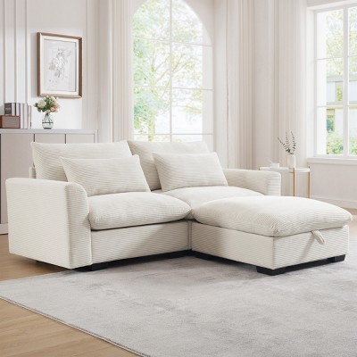 3 Pieces Modern Sofa With Storage Ottoman, Modular Couch Sectional Sofas Small With Pillows And Round Armrests, Small L Shape Sofa-Cuddlewood