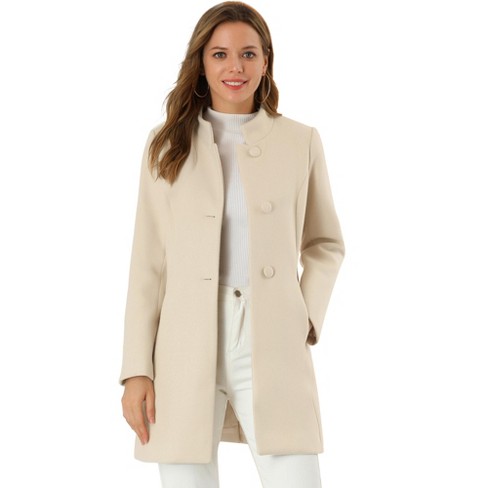 Allegra K Women's Winter Overcoat Stand Collar Single Breasted Mid-thigh  Long Coat Beige Small