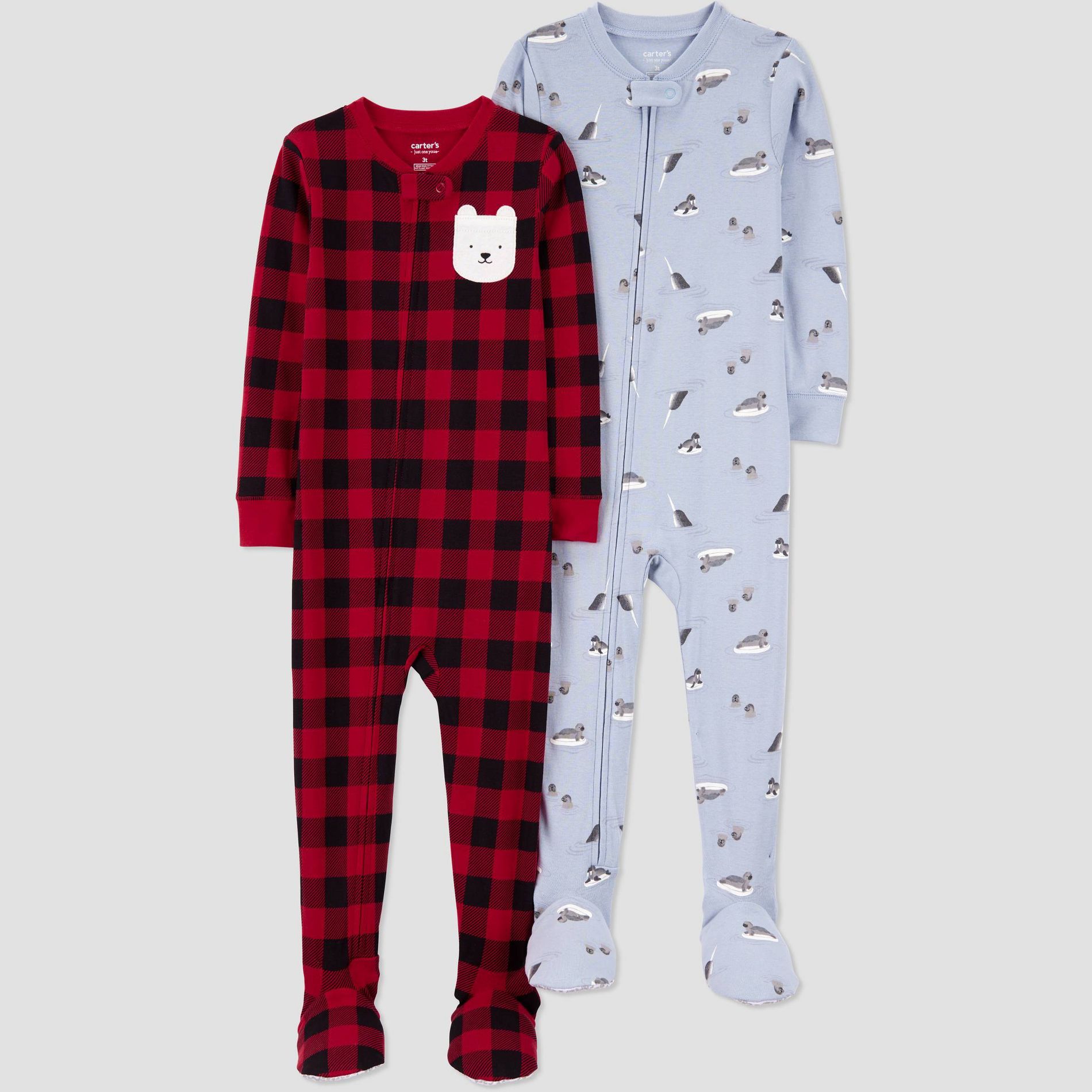 Carter's Just One You® Toddler Boys' 2pk Cotton Long Sleeve Buffalo Check & Otters Snug Fit Footed Pajama - Black/Red/Light Blue 12M
