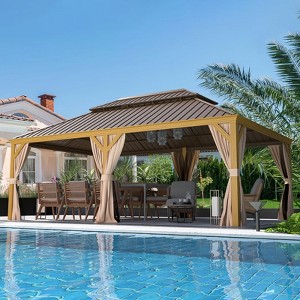 EROMMY 12' X 22' Hardtop Gazebo, Wooden Finish Coated Aluminum Frame Gazebo with Galvanized Steel Double Roof - 1 of 4