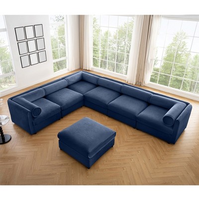 DOMETOUR Modular Chenille Sectional Sofa with Storage, Cylindrical Backrest & Armrests, 6 Seats, Blue