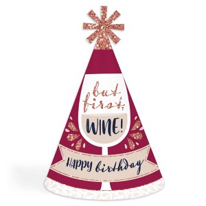Big Dot of Happiness But First, Wine - Cone Happy Birthday Party Hats for Kids and Adults - Set of 8 (Standard Size) - 1 of 4