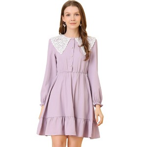 Allegra K Women's Vintage Ruffle Hem A-Line Crochet Puritan Collar Dress - 1 of 4