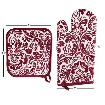 Burgundy and White Cotton Quilted Oven Mitt and Pot Holder Set