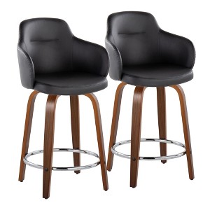 24" Contemporary Fixed-Height Counter Stool with Swivel in Wood and Faux Leather with Round Footrest - Set of 2 - 1 of 4