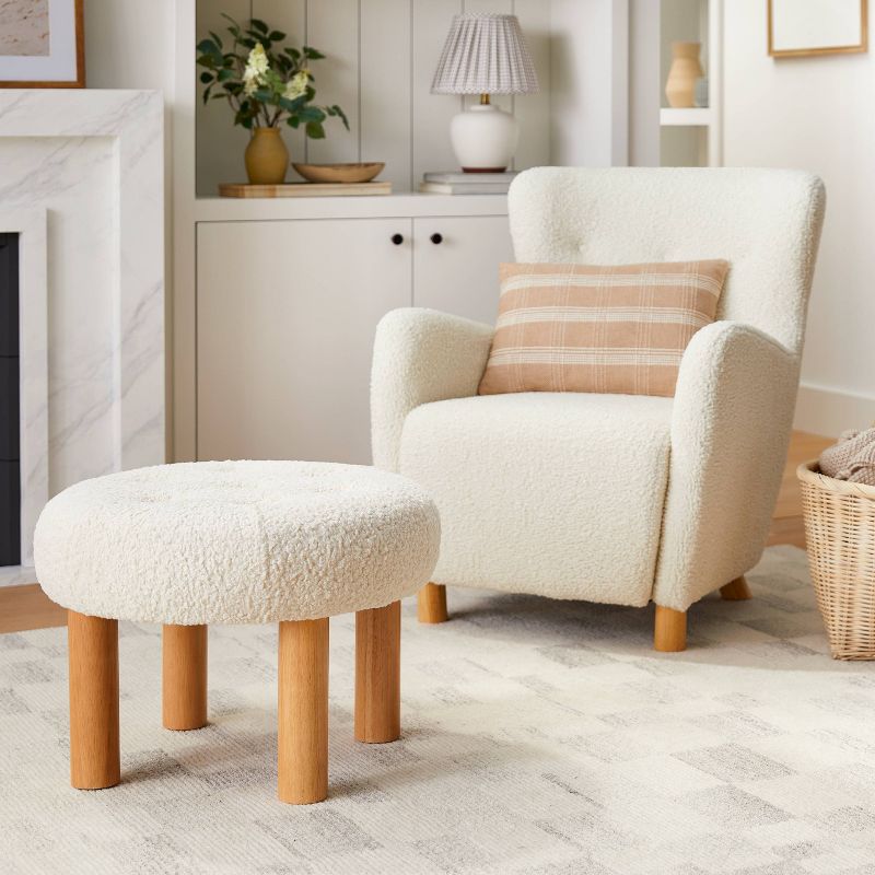Kessler Round Tufted Faux Shearling Ottoman with Wood Legs Cream - Threshold™ designed with Studio McGee, 2 of 13
