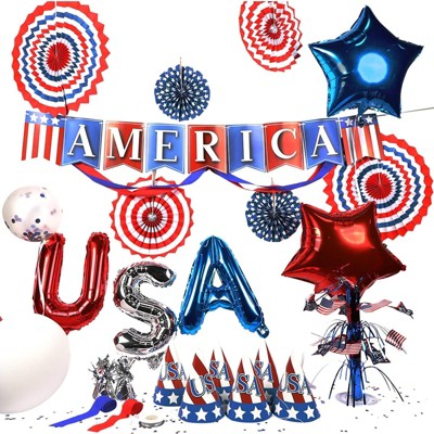 Juvale 35 Pieces Patriotic Party Decorations Kit with Balloons, Banner, Party Hats for Fourth 4th of July