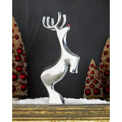 Polished Silver Metal Alloy Red-Nosed Reindeer Figurine