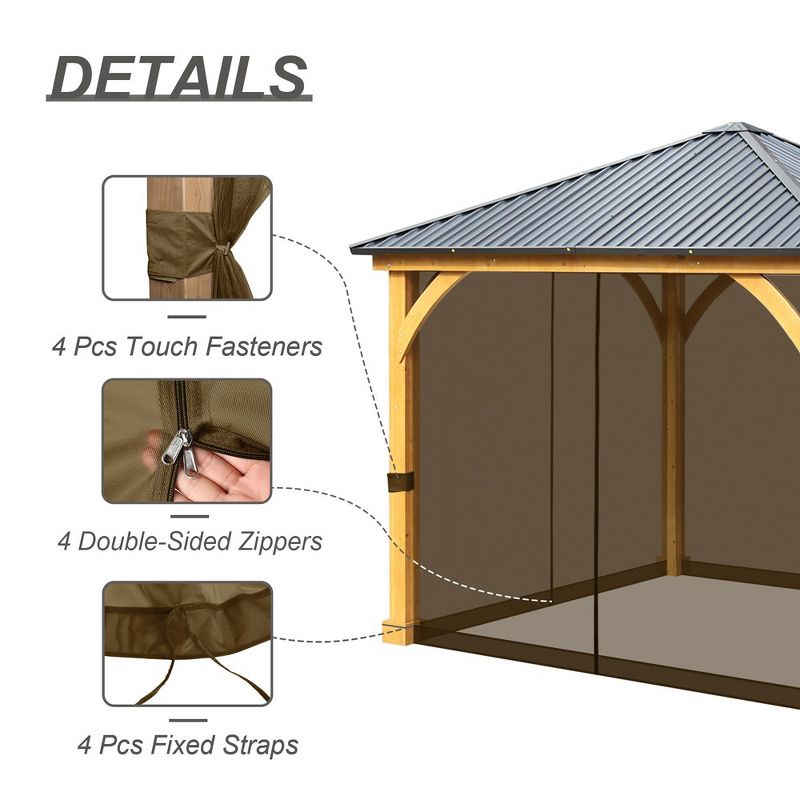 Aoodor 12 x 12 ft. Gazebo Replacement Mosquito Netting Screen 4-Panel Sidewalls with Double Zipper (Only Netting), 5 of 8