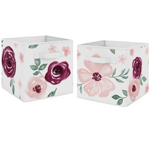 Sweet Jojo Designs Fabric Storage Bins Set Watercolor Floral Pink White and Green - 1 of 4