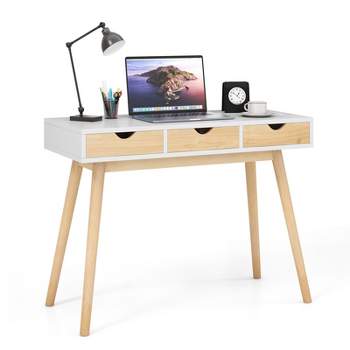 Tangkula Computer Desk with Storage 40” Wood Modern Writing Desk with 3 Drawers Rubber Wood Legs Computer Desk Study Desk