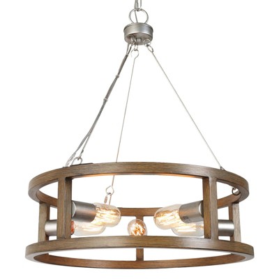 LNC Gartin 5-Light  20.5" Farmhouse Drum Medium Chandelier, Silver Gray and Antique Bown Wood Tone