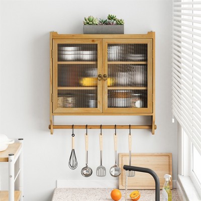 Wall Cabinets for Bathroom Storage, Kitchen Wall Cabinet with Glass Doors, Towel Rack, Detachable Shelves, 3-Tier