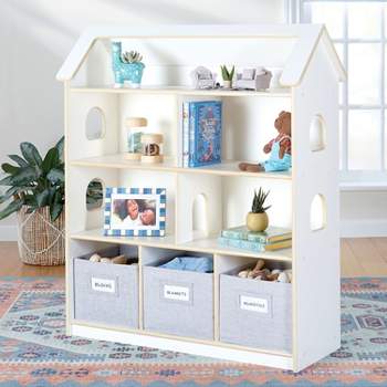 Guidecraft EdQ Dollhouse Bookshelf: Children's Wooden Dollhouse Bookcase Unit for Kids' Bedroom and Playroom with Storage Bins