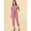 INSPIRE CHIC Women's Short Sleeve Collared Solid Color Button Down Tie Waist Cargo Jumpsuit - 3 of 4
