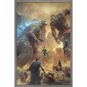 Trends International Justice League vs. Godzilla vs. Kong - Street Battle Framed Wall Poster Prints - 1 of 4
