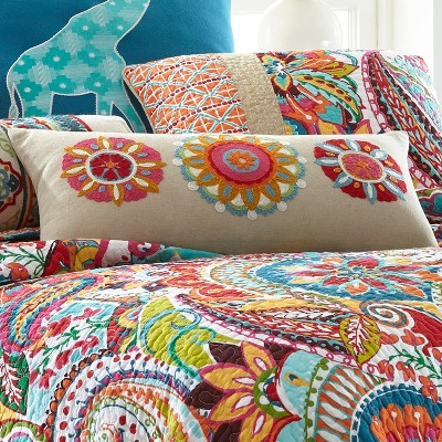Boho Chic Embroidered Floral Medallion Rectangular Pillow